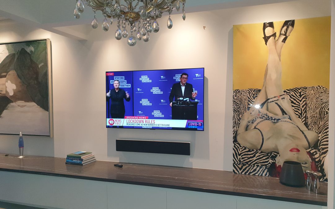 LG 65″ OLED GX Model and Soundbar, Wall Mounted on Gyprock over floating cabinet