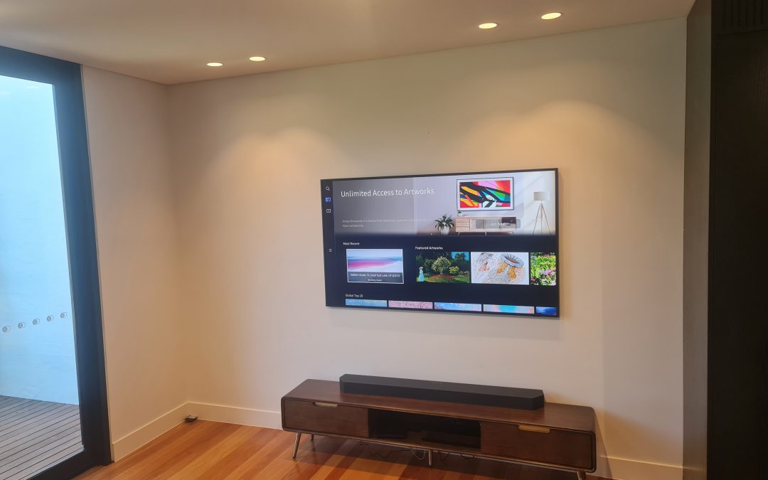 Samsung 65″ The Frame TV, mounted onto Gyprock wall with Q990 Soundbar