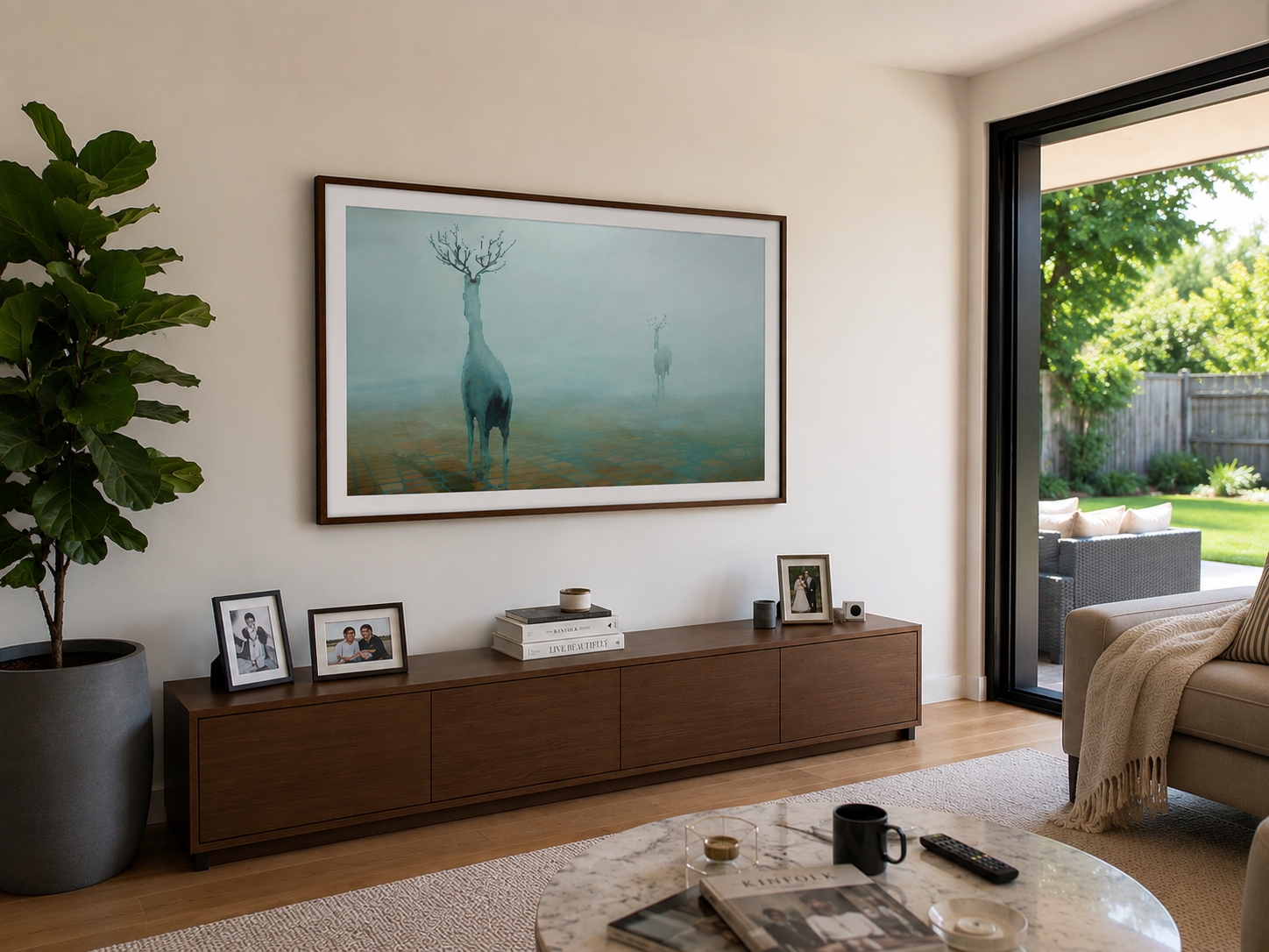 Samsung Frame TV wall mounting in a Sydney home with matching timber cabinet and concealed cable setup