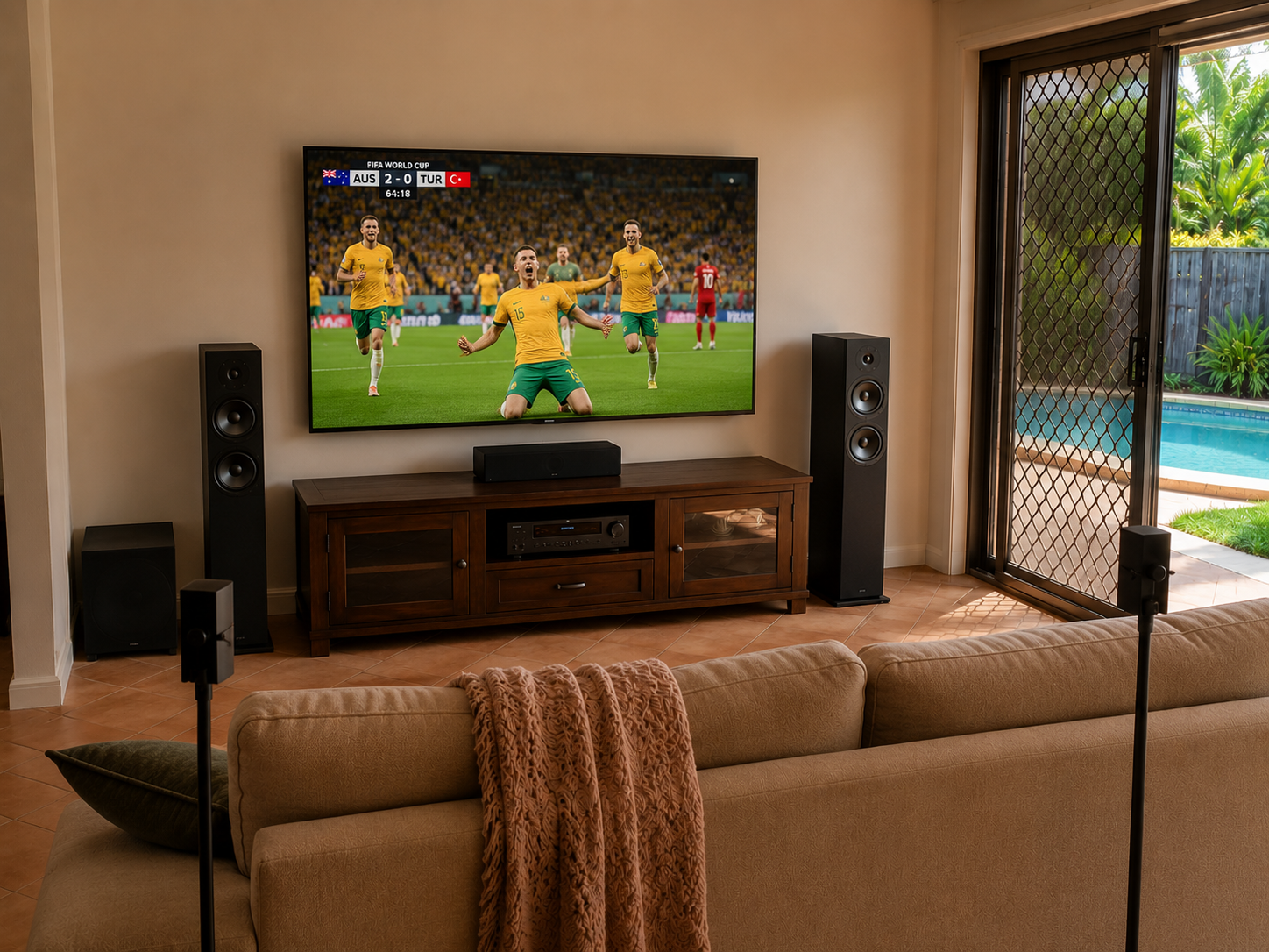 Home theatre installation in Sydney with wall mounted Toshiba TV, AV receiver, floorstanding speakers, subwoofer and rear speaker stands