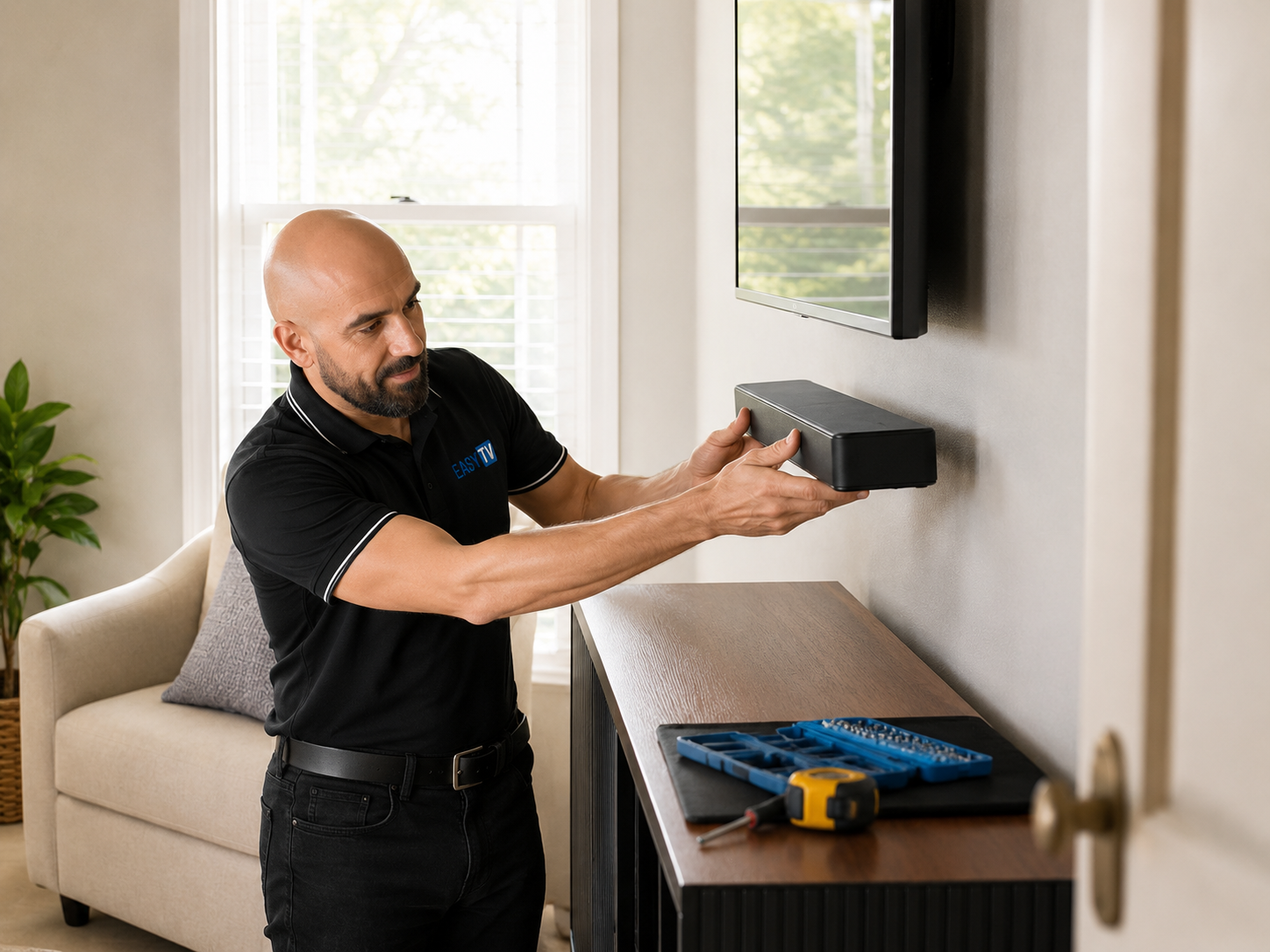 Easy TV technician Michael installing a wall mounted soundbar beneath a flat screen TV in a Sydney living room