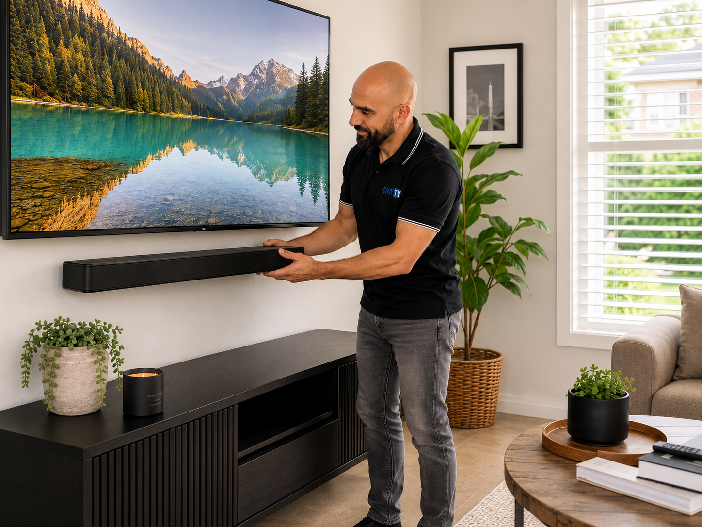Easy TV technician Michael installing a wall mounted soundbar beneath a flat screen TV in a Sydney living room