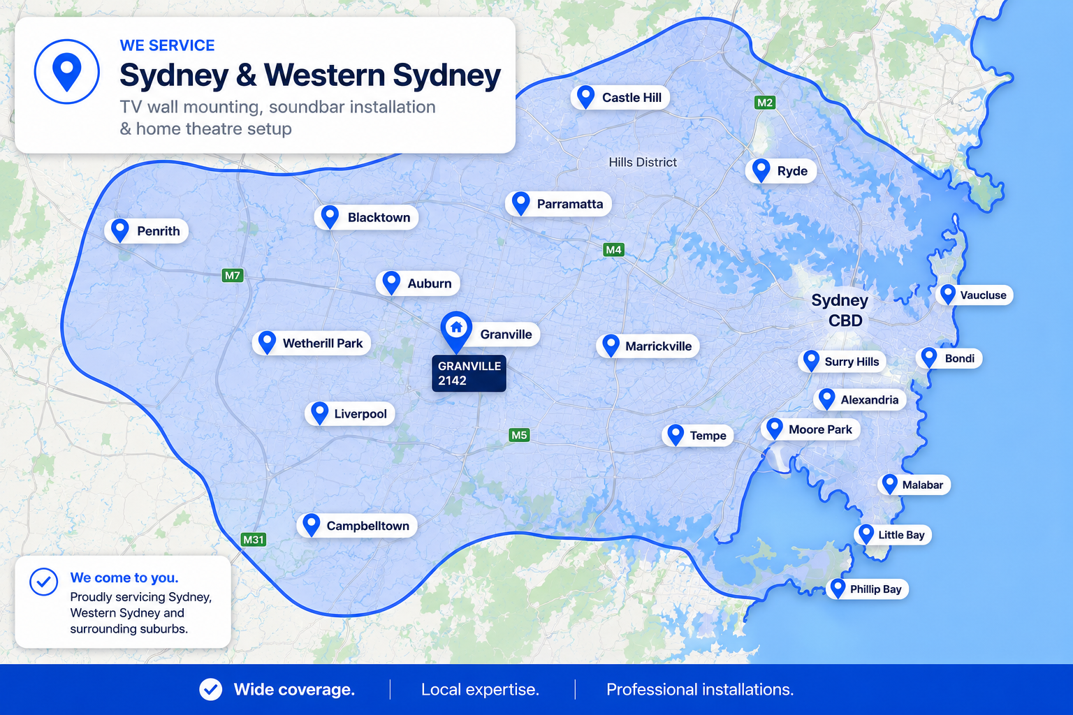 Easy TV service area map showing TV wall mounting, TV installation, soundbar installation and home theatre setup across Sydney and Western Sydney.