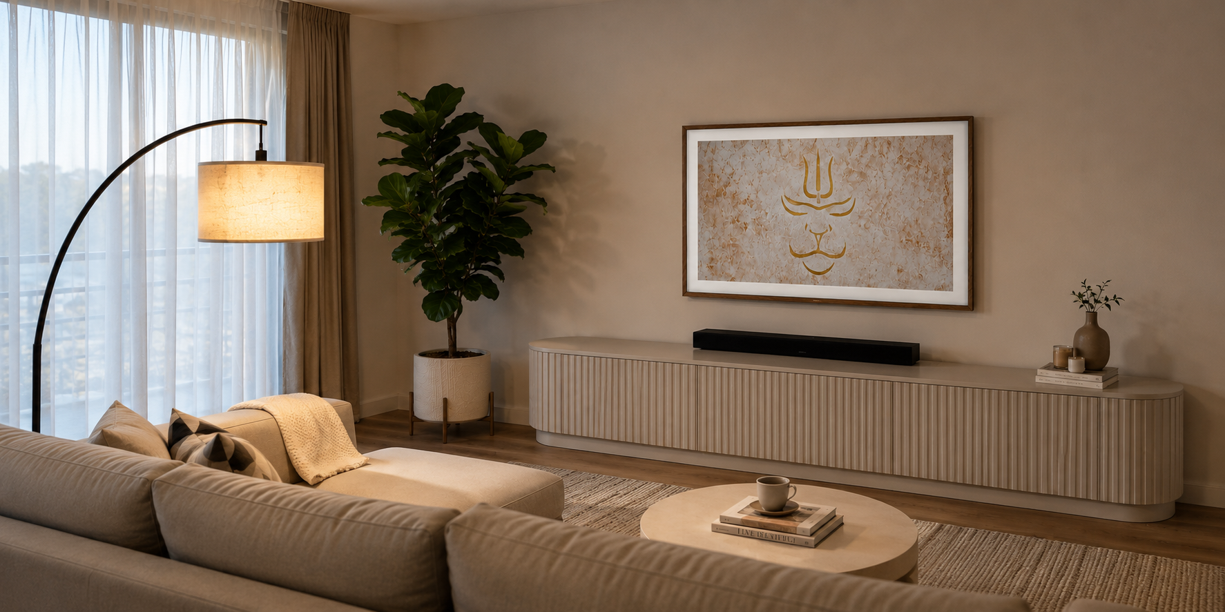 Samsung Frame TV wall mounted above a timber entertainment unit in a modern Sydney living room
