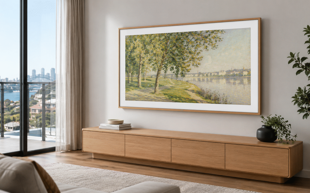 Samsung Frame style TV wall mounted in a modern Sydney apartment with light wood frame and no visible cables