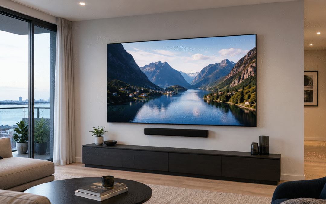 Large 85 inch TV wall mounted in a modern Sydney apartment with soundbar and no visible cables