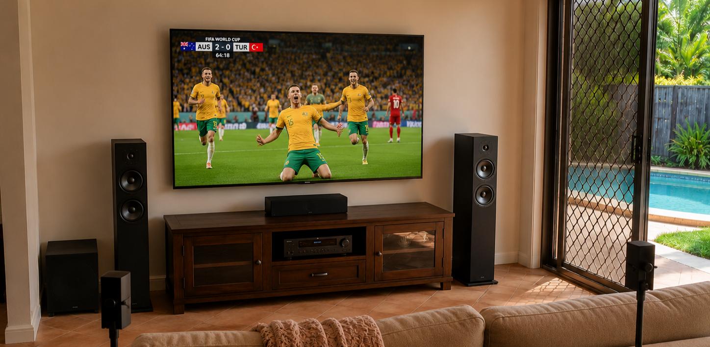 Home theatre installation in Sydney with wall mounted Hisense TV, AV receiver, floorstanding speakers, subwoofer and rear speaker stands