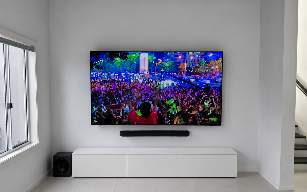 100-inch Samsung QLED TV wall mount installation with Soundbar on gyprock wall